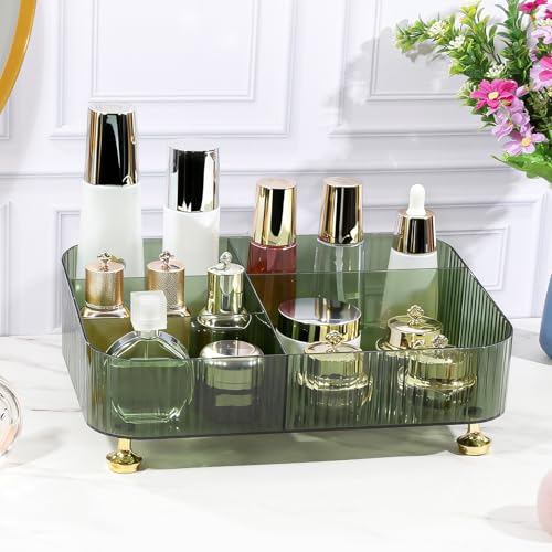 DASITON Makeup Organizer Countertop for Vanity, 5 Slots Makeup Brush Holder Organizer, Vintage Makeup Perfume Tray Cosmetic and Skincare Organizers for Bedroom Bathroom Counter, Desk Storage (Green) - color: Green