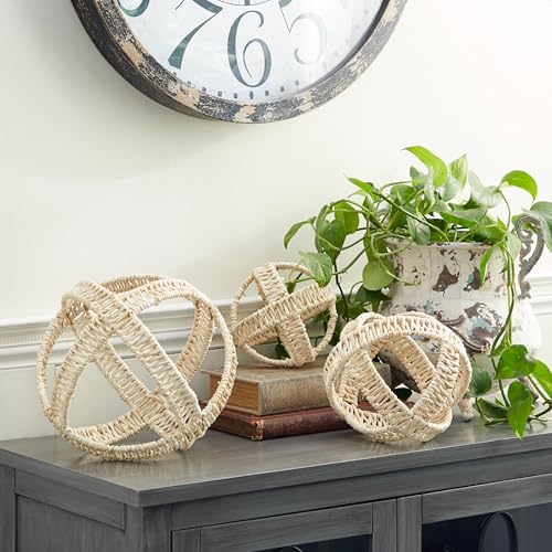 Deco 79 Metal Geometric Handmade Decorative Sculpture Woven Home Decor Statues, Set of 3 Accent Figurines 9", 7", 5"H, Cream