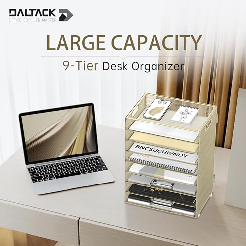DALTACK 9-Tier Paper Organizer for Desk, Mesh Letter Tray Desk Organizer with Handles, Space-Saving File Organizer for Office Home School, Golden Yellow - color: Desk Organizer Golden Yellow