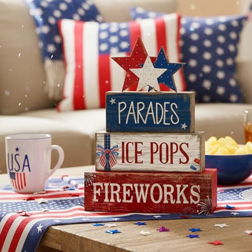 4 Pcs 4th of July Decorations Patriotic Tiered Tray Decor Memorial Day Tabletop Decoration Red White Blue Table Centerpieces Parades Star Decorative Trays for Tiered Tray Home Shelf 250th Anniversary - style: Parades Star