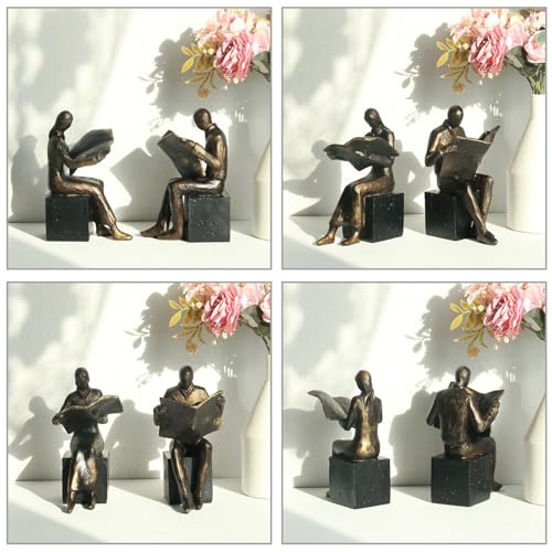 Lukitas Decorative Newspaper Reader Bookends, Heavy Duty Book Holder Non-Slip, Vintage Home Décor Accessories for Study Office Bookshelf, Bronze, Resin, 1Pair/2Piece 8'' - color: Newspaper Reader
