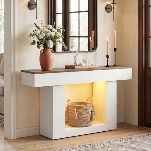 Homieasy Console Table, 47" Entryway Table with LED Lights & Charging Station, Farmhouse Wooden Sofa Table Behind Couch, Narrow Hallway Table for Living Room, Foyer, Entry, Antique White & Brown - color: Antique White & Brown, size: 47.2"