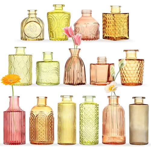 15 Pcs Colored Bud Vase Set,Vintage Glass Vases for Flower Centerpieces Wedding & Party Decor,Home Table Decorations,Bud Vases in Bulk for Housewarming - color: Orange Yellow Series