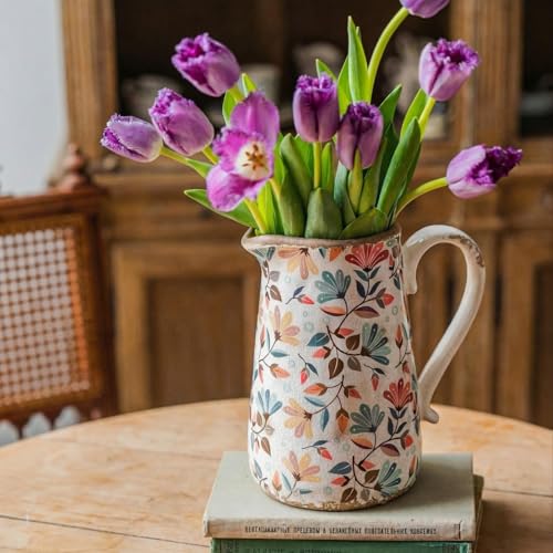 Vintage Colorful Flower Ceramic Vase with Handle, Retro Ice Glazed Crack Farmhouse Pitcher Vase for Home Decor, Living Room, Shelf, Office, Rustic Table Centerpiece 7 Inch - color: Phoenix Tail Flower, size: Small Pitcher