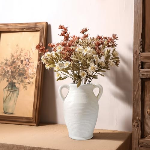 Sunddo White Ceramic Vase for Home Decor, 8 inch Farmhouse Flower Vase with 2 Handles, Rustic Boho Pottery for Room Decor Aesthetic, Bathroom Table Fireplace Decorative - color: Rustic White - 8, size: 8 Inch