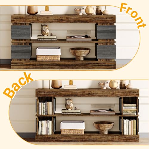Tribesigns 63" Farmhouse Console Table, 3-Tier Entryway Table with Storage, Long Wooden Behind Couch Stand with 4 Compartments for Living Room, Hallway, Foyer, Vintage Brown & Gray