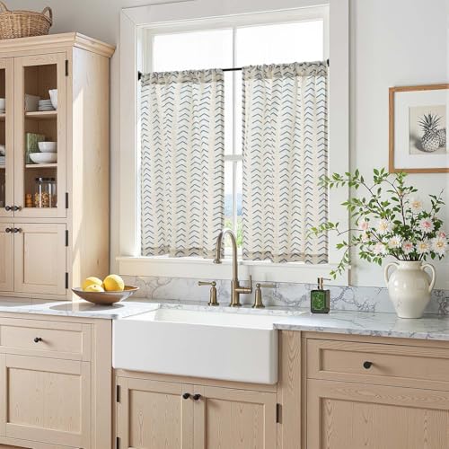 jinchan Boho Linen Blend Kitchen Curtains 36 Inch Length Herringbone Printed Tier Curtains for Small Windows Bathroom Cafe Laundry Room Set of 2 Rod Pocket Blue on Linen - color: Arrow | Blue on Linen, size: 26"W x 36"L (Pack of 2)