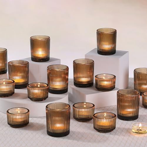 NITIME 10pcs Ribbed Amber Votive Candle Holders, Assorted Glass Tea Light Candle Holders for Fall Decor, Amber Candle Holders for Wedding Centerpieces, Thankgiving and Christmas Decorations - color: Amber
