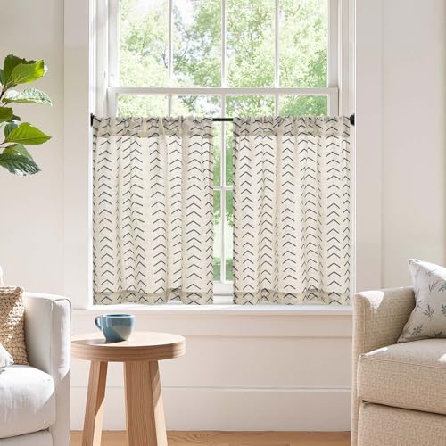 jinchan Boho Linen Blend Kitchen Curtains 24 Inch Length Herringbone Printed Tier Curtains for Small Windows Bathroom Cafe Laundry Room Set of 2 Rod Pocket Black on Linen - color: Arrow | Black on Linen, size: 26"W x 24"L (Pack of 2)