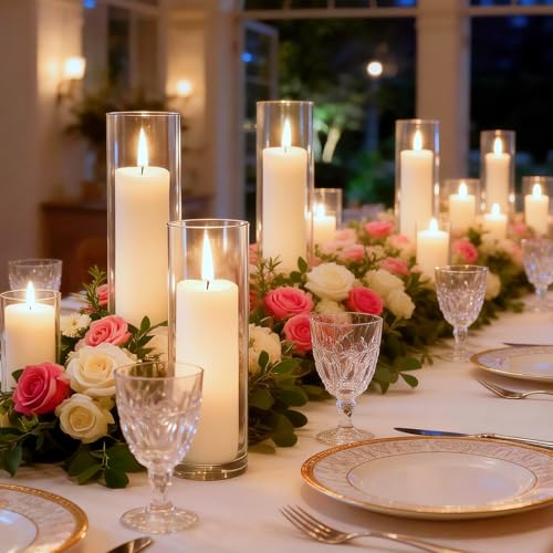 24 Pcs White Pillar Candles and Glass Candle Holders Cylinder Candle Vases for Pillar Candles Hurricane Candle Holders Set for Wedding Party, Event, Home Office Decor - size: 12 set