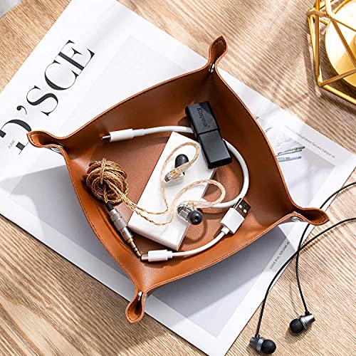 SANQIANWAN Leather Jewelry Valet Tray for Women and Man, Portable Entryway Table Tray Bedside Nightstand Desk Tray Small Catchall Travel Dish Plate for Key,Wallet,Watch,Coin (4PCs Brown-B) - color: 4pcs Brown-b, size: 8×8