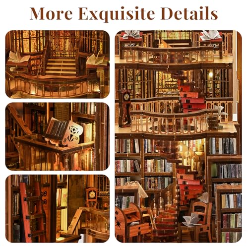 CCCDF Abbey Library Book Nook Kit, Ancient Vintage Bookshelf Insert Decor with LED Lights, Dust Cover, 3D Wooden Puzzle Craft for Adults - style: Abbey Library