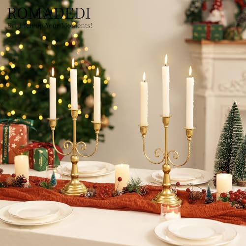 Romadedi Candelabra Gold Candle Holders - 3 Arm 11.8" Wedding Candlestick Holder for Theme Party Table Centerpiece Decor Dining Room Birthday Holiday Christmas, Set of 2 - color: Gold-3 Arm, size: 2pcs