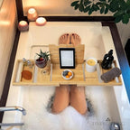 Temple Spring Foldable Bamboo Bathtub Tray Caddy for Tub — Expandable One-Piece Wood Bath Table with Wine Holder Book Stand and Non-Slip Pads — Space-Saving Bath Caddy — Housewarming - color: Foldable Wood Bamboo