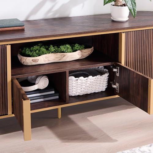 OKD Luxury 70" Fluted TV Stand, Modern Chic Entertainment Center for TVs Up to 80 inches, TV Console with Faux Marble Top, Curved Profile Design, Media Console for Living Room, (Dark Walnut) - color: Dark Walnut, size: 70" TV Stand without Fireplace