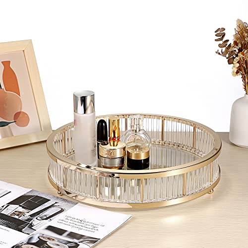 Hipiwe Gold Metal Perfume Tray - 12" Round Vanity Makeup Tray Jewelry Trinket Organizer Tray Coffee Table Decorative Tray Dresser Bathroom Tray with Acrylic Column Decor and Clear Glass Base