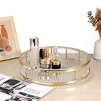 Hipiwe Gold Metal Perfume Tray - 12" Round Vanity Makeup Tray Jewelry Trinket Organizer Tray Coffee Table Decorative Tray Dresser Bathroom Tray with Acrylic Column Decor and Clear Glass Base
