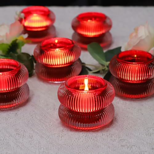 Woho Ribbed Glass Votive Candle Holders Set of 6, Red Tealight Candle Holder for Wedding Table Decor, Vintage Tea Lights Candle Holder for Christmas/Valentines Day Decorations (Red, 2.1" H X 2.75" D) - color: Red