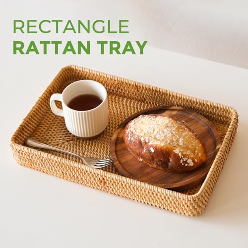 Wicker Storage Basket, Rattan Tray Rectangular for Bathroom Living Room, Decorative Serving Woven Trays Wicker Baskets for Organizing, Woven Seagrass Tray for Storage Home Decor L(14.6" × 9.1") - style: M (14.6" × 9.1")