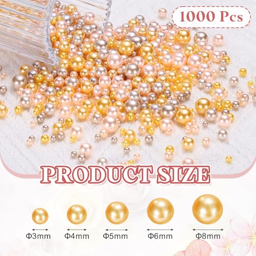 PATIKIL 1000 Pcs No Hole Pearls, 3mm 4mm 5mm 6mm 8mm Mini Round Faux Pearl for Art Crafts Jewelry Making Nail Vase Filler Birthday Wedding Party, Pink/Gold - color: Pink/Gold