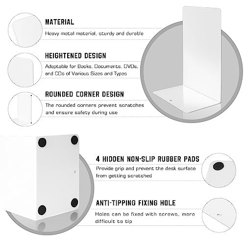 VONDERSO Metal Bookends, 4 Pairs White Metal Book Ends Heavy Duty for Shelves Decor Home Office, Unique White Bookends Supports Anti-Slip for Kids - color: White 4 Pairs