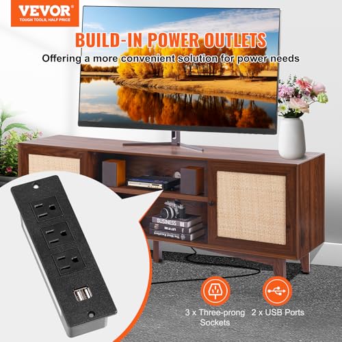 VEVOR Rattan TV Stand for 75in TV, Boho TV Stand with Rattan Door, Entertainment Center with Build-in Socket, Storage Cabinet with 2 Shelves, Modern TV Console for Living Room, Media Room, Walnut - color: Walnut, size: for 75" TVs