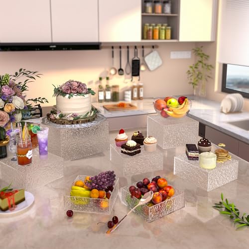 Buffet Risers, Food Display Risers for Party, White Acrylic Risers Display Stand for Buffet Table, Catering Displays for Dessert, Cube Box Nesting Riser with Hollow Bottoms (5"x6"x7"x8"x9"x10" 6PCS Water Ripple) - color: 5"x6"x7"x8"x9"x10" 6PCS Water Ripp