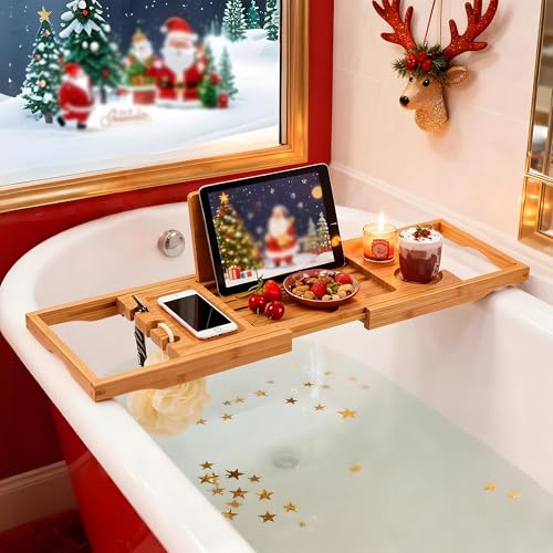 Utoplike Bamboo Bathtub Caddy Tray Bath Tray for Tub, Adjustable Bathroom Bathtub Organizer with Book Tablet Wine Glass Cup Towel Holder (24.5"-37.4") - color: 24.5-37.4 in