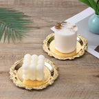 2 PCS Gold Pillar Candle Holder Decor, 5.9 Inch Round Metal Carved Candle Tray, Pillar Candles Plates Stand Decorative for Scented Ball Flameless Candles LED Coffee Table Wedding Party Home