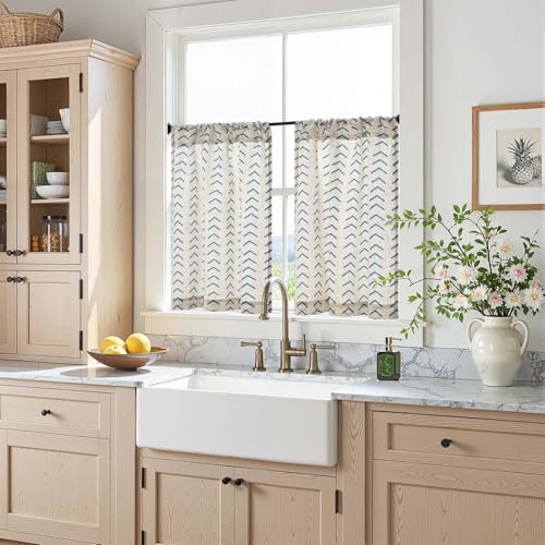 jinchan Boho Linen Blend Kitchen Curtains 24 Inch Length Herringbone Printed Tier Curtains for Small Windows Bathroom Cafe Laundry Room Set of 2 Rod Pocket Blue on Linen - color: Arrow | Blue on Linen, size: 26"W x 24"L (Pack of 2)