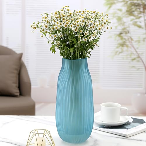 Frosted Blue Ribbed Glass Vase 12in Boho Elegant Decorative Vases for Home Flowers Arrangements, Centerpieces, Dinner Table and Modern Decor - color: Frosted Blue, size: H-12.0IN