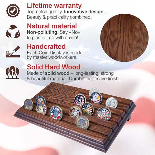 TESLYAR 6 Rows Military Challenge Coins Display Stand - Wooden Holder for 30-36 Coins - Solid Wood Display Rack for Desk - Army Collectible Challenge Coin Display Case - American Flag Design (Brown) - color: Brown