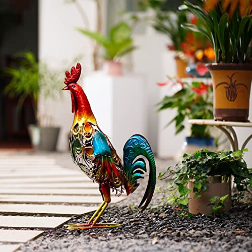 19 Inch Solar Rooster Statue, Metal Yard Art with Colorful Lights for Garden Lawn Outdoor Decoration Gifts - style: Roosters