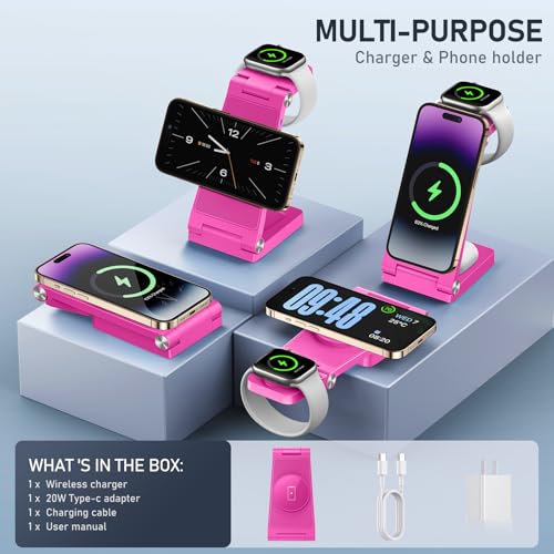 Magnetic Wireless Charger Stand, 3 in 1 Foldable Wireless Charging Station, Travel Charger for Multiple Devices for iPhone 16 15 14 13 12 Series, Apple Watch Ultra/SE/9/8/7/6/5/4/3/2, AirPods - color: Rose