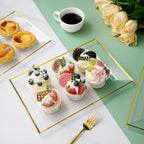 FOCUSLINE 8 PCS Plastic Serving Trays for Party, Clear and Gold Rim Serving Platters and Trays, Premium Plastic Fruit Tray, Disposable Platters for Cupcake, Dessert, Appetizers - color: Clear