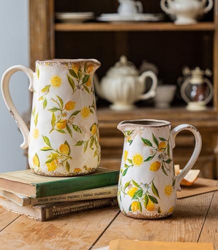 Vintage Lemon Ceramic Vase with Handle, Retro Ice Glazed Crack Farmhouse Pitcher Vase for Home Decor, Living Room, Shelf, Office, Rustic Table Centerpiece 7 Inch - color: Lemon, size: Small Pitcher