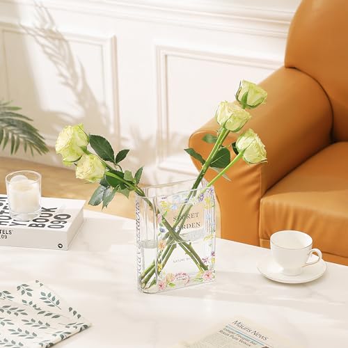 Glass Book Vase, Clear Book Vase for Flowers, Unique Flower Vase, Modern Book Shaped Vases for Bedroom, Living Room, Office, Coffee Table, Bookshelf(Garden) - color: Sg, size: Glass-7.8"