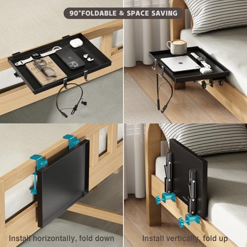 Magheo Bedside Shelf Foldable, Metal Clip-On Bunk Bed Table Shelf for Top Bunk Heavy Duty Bed Side Table Tray for College Dorm Room Essentials, Loft Nightstand Organizer Tray with 1 Cord Hole(Black) - color: Black, size: 12.6" x 9.28" x 0.79"