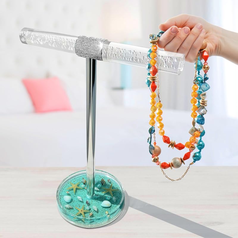 FONMY Jewelry Stand Holder Organizer Acrylic w/Nature Seashell Handmade,Seascape Countertop Jewelry Holder,Gift for Women,Jewlery Tower for Necklace, Earring, Bracelet (Blue)