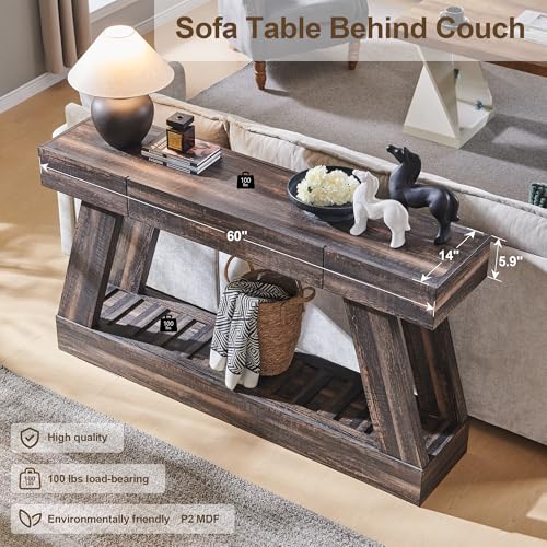 60" Farmhouse Entryway Table with Drawer, Entry Table with Storage, Sofa Table for Living Room, Behind Couch, Sofa(Dark Rustic Oak) - color: Dark Rustic Oak