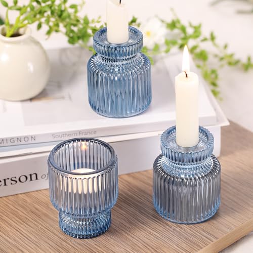 DARJEN 6 Pcs Blue Glass Candlestick Holders with Vertical Stripes - Irregular Shaped, Dual-Use for Taper Candles & Votive/Tea Lights, Candle Holders for Dining Table, Wedding, Party, Home, Gifts - color: Blue, size: 6Pcs