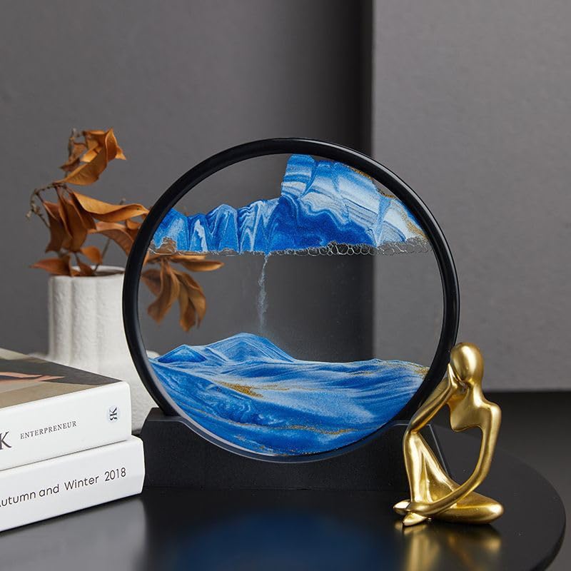 Moving Sand Art Liquid Motion, 3D Deep Sea Sandscape Color Quicksand Decor, Round Glass Moving Sand Art Picture Relaxing Desktop Home Office Work Decor (12 inch-Blue) - color: Blue, size: 12 Inch