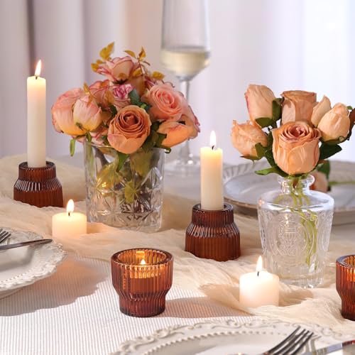 HAVITI 12 Pack Amber Taper Candle Holders, Glass Candlestick Holders, Tea Light Candle Holder for Fall Wedding Centerpieces Table Decorations, Votive Candle Holders for Table Decor - color: Amber