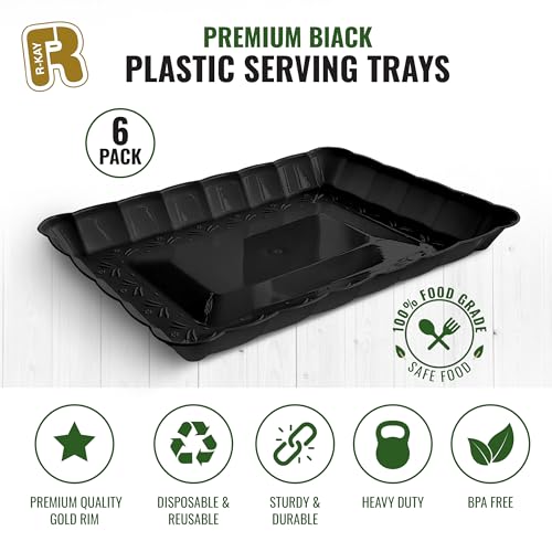 6 Pack Black Plastic Serving Trays - 9 x 13 Party Serving Trays and Platters - Black Serving Tray - Serving Platter Tray for Party - color: Black