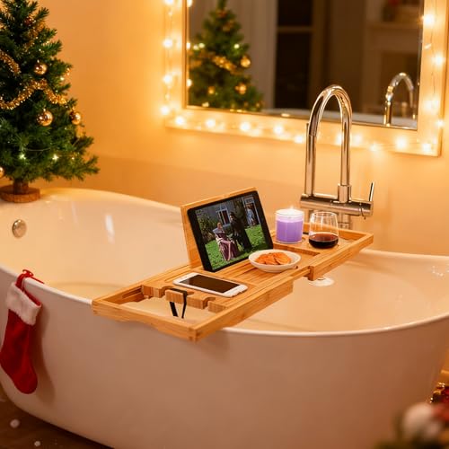 Utoplike Bamboo Bathtub Caddy Tray Bath Tray for Tub, Adjustable Bathroom Bathtub Organizer with Book Tablet Wine Glass Cup Towel Holder (24.5"-37.4") - color: 24.5-37.4 in