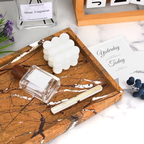 Marble Bathroom Vanity Tray, Natural Luxury Vanity Home Kitchen Bathroom Table Tray, Stone Decorative Countertop Dresser Trays for Key Coffee Perfume Jewelry Makeup (Rainforest Brown, 12"x 8" x1.2") - color: Rainforest Brown, size: 12" x 8" x 1.2"