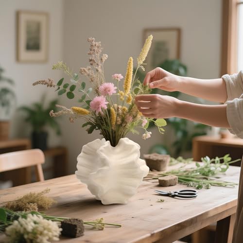 Cedilis Off White Ceramic Flower Vase, 6 Inch Decorative Aesthetic Pampas Grass Textured Vase for Table, Shelf, Mantel, Entryway, Modern Home Decor, Coral-Like