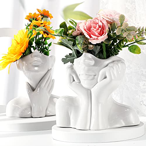 Sieral 3 Pcs Ceramic Face Vase Female Form Flower Modern Body Vase for Decor with Head Half Body Bust Centerpiece for Table Shelf Home Bedroom Room Office(Large,White) - color: White, size: Large