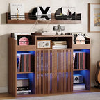 IRONCK Luxury Record Player Stand with Storage, Holds 1500+ Vinyl Records, Large Record Storage Cabinet with Sliding Doors & Charging Station & LED Light, Brown