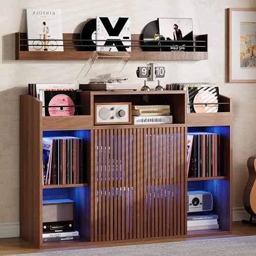 IRONCK Luxury Record Player Stand with Storage, Holds 1500+ Vinyl Records, Large Record Storage Cabinet with Sliding Doors & Charging Station & LED Light, Brown